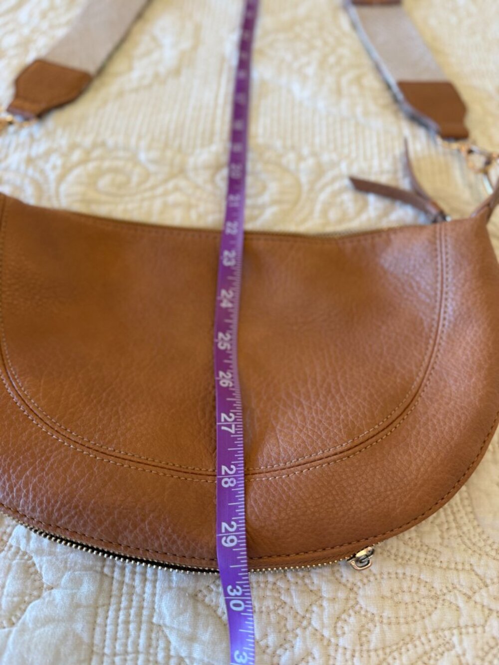 Tan vegan leather crescent crossbody bag with a patterned boho guitar strap - Picture 7 of 7